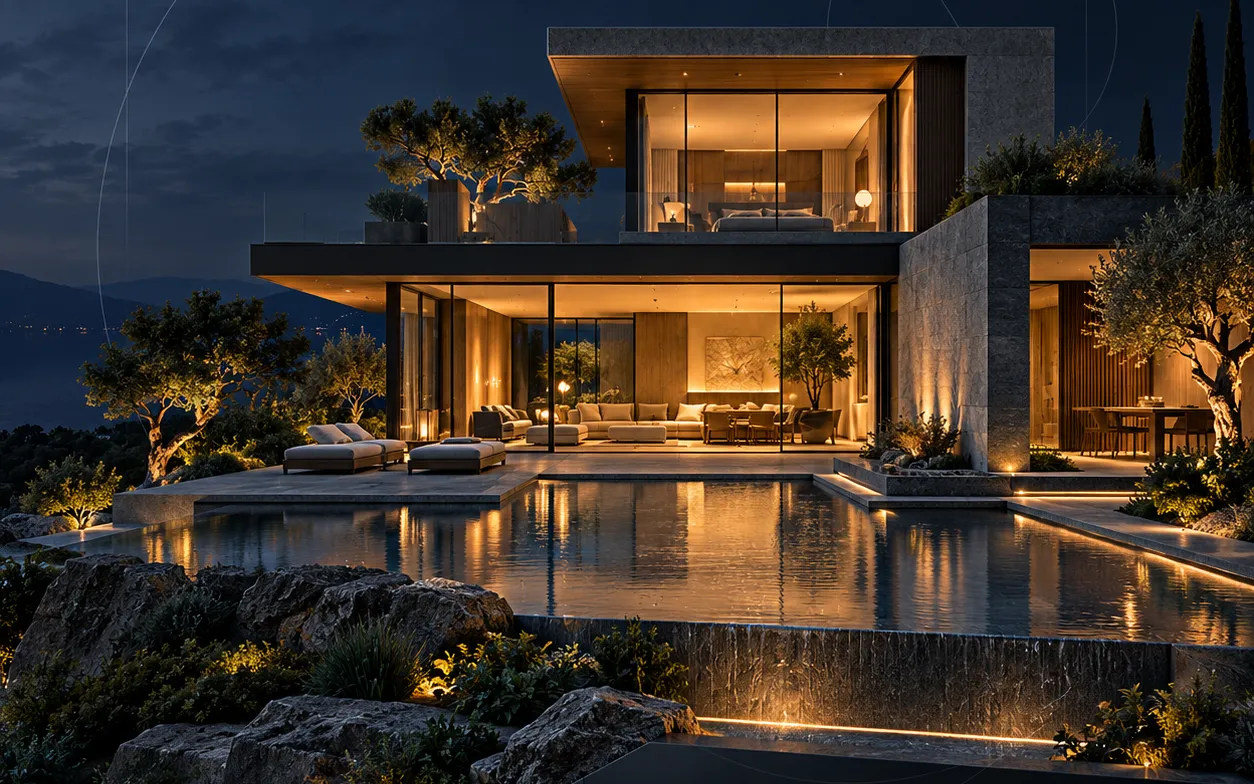 House with a pool lit at night: D5 Render Pro product image.