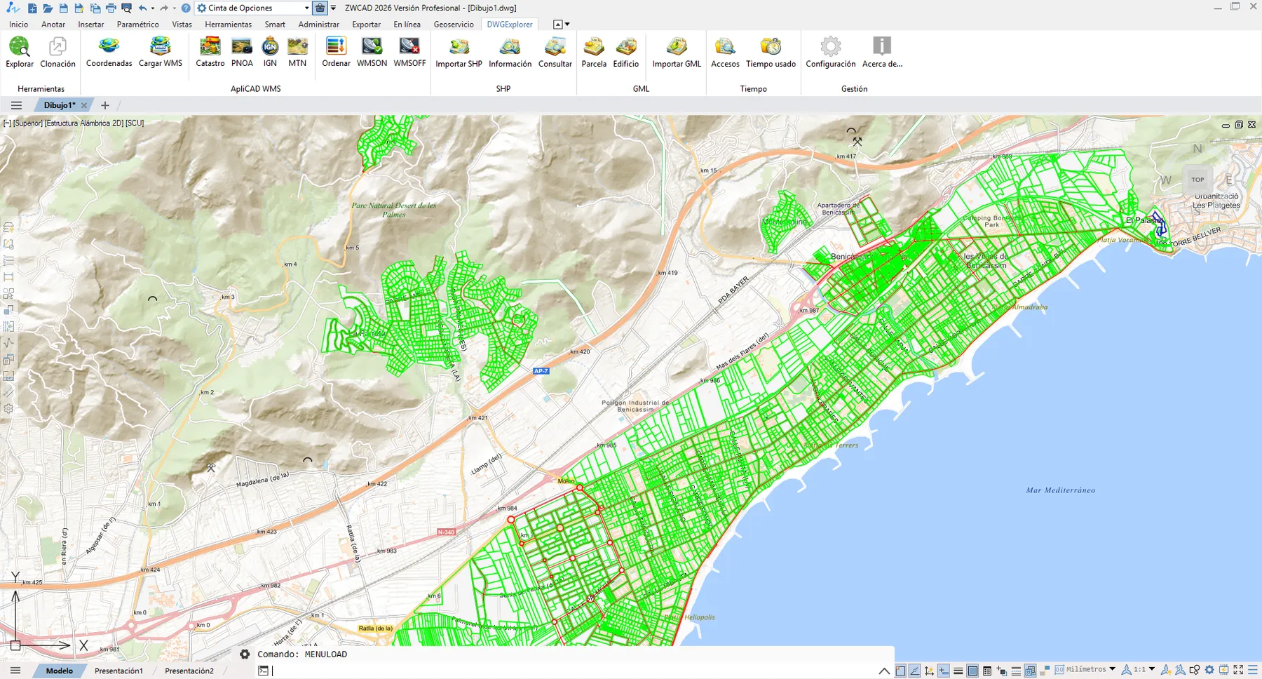 DWGExplorer in ZWCAD 2026: the plugin tab (Cadastre, PNOA, IGN, SHP, GML, time) over the Benicàssim parcel map.