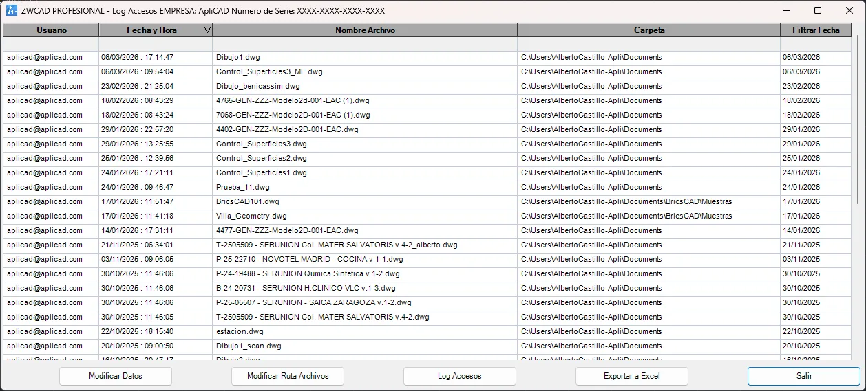 Registro de accesos de la empresa: usuario, fecha y hora, fichero DWG y carpeta, exportable a Excel.