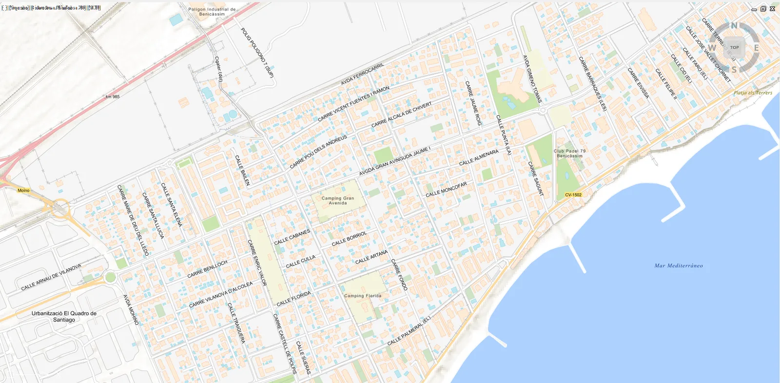 Cartografía urbana de Benicàssim con parcelario, callejero y ortofoto cargada en el CAD