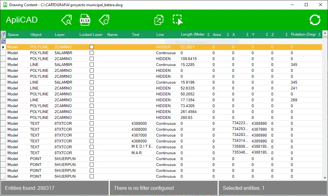 Contenido del dibujo: 288 317 entidades de un proyecto municipal, filtrables por espacio, capa y tipo, y exportables a Excel.