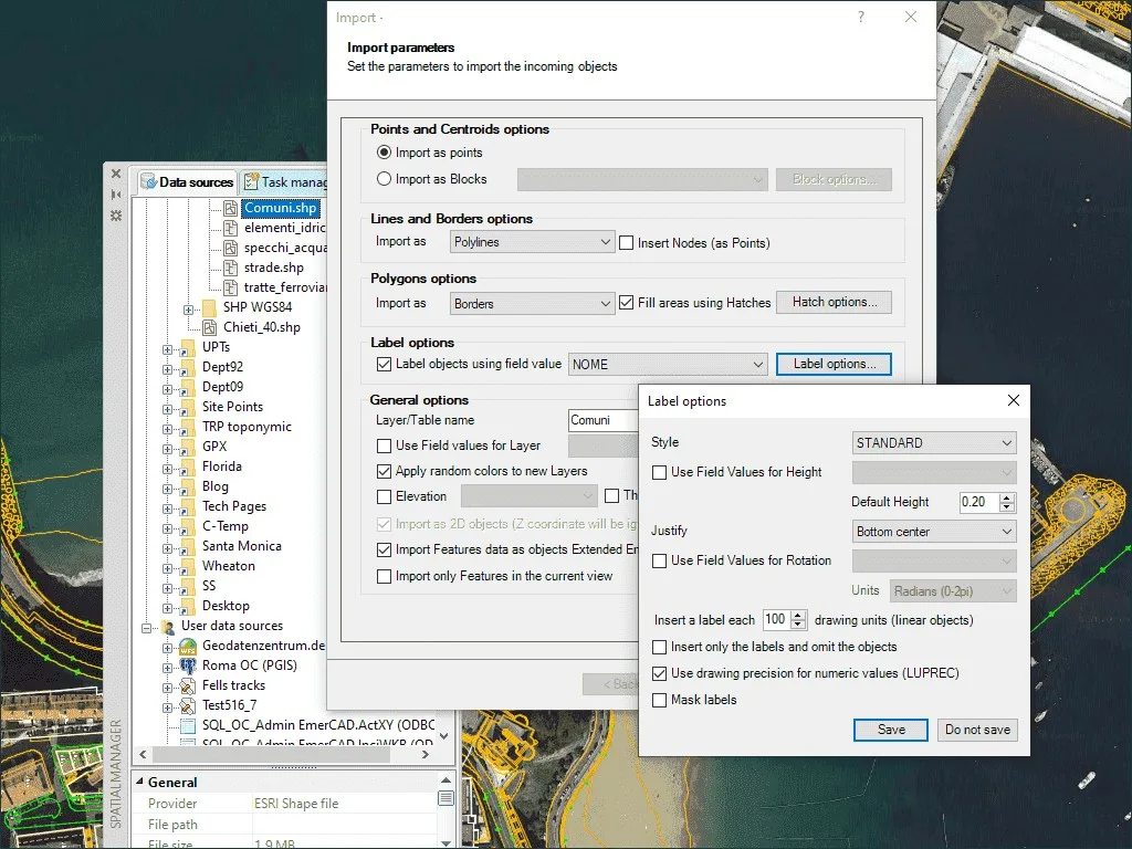 Spatial Manager: importing a Shapefile with point, line, polygon and label options, over an orthophoto.