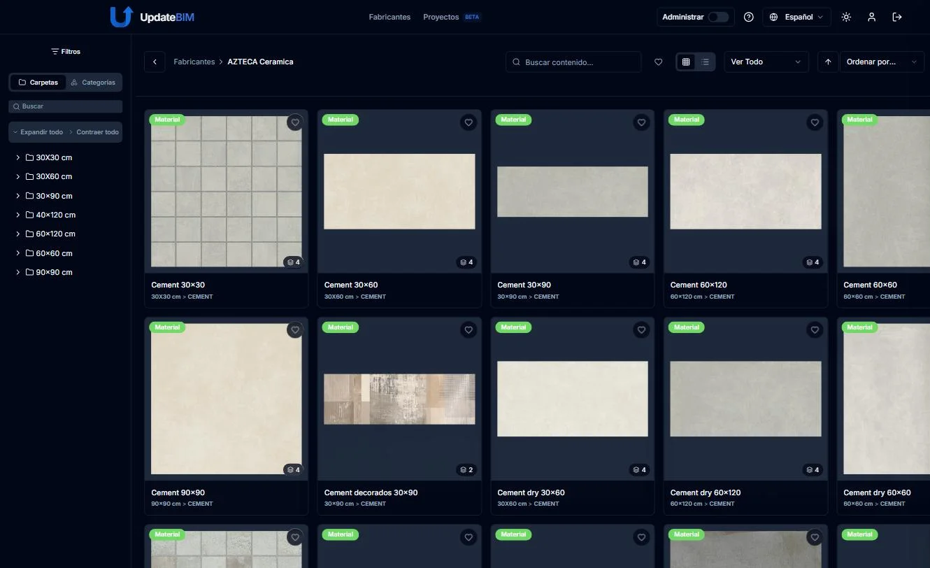 UpdateBIM catalogue: a ceramic manufacturer's Revit families, filtered by folder and format (30×30, 60×120…).