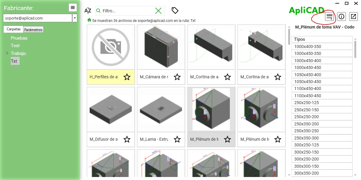 Aplicación UpdateBIM para Revit: las familias de un fabricante con sus tipos y medidas