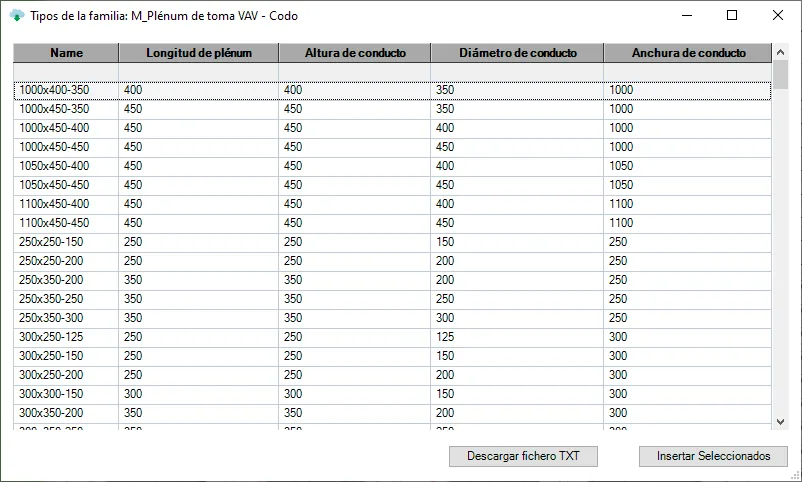 Types of the family «M_Plénum de toma VAV - Codo»: download them as a TXT file or insert only the selected ones.