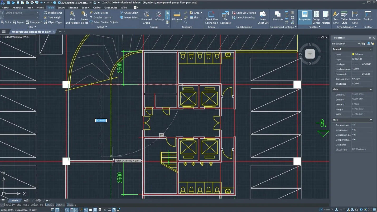 ZWCAD 2026 Professional: underground garage floor plan in DWG, with the ribbon and the Properties palette.